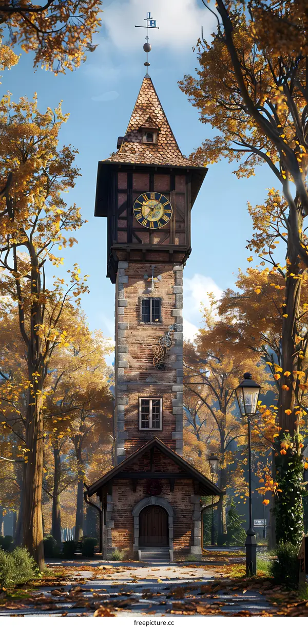 Medieval Clock Tower in Autumn