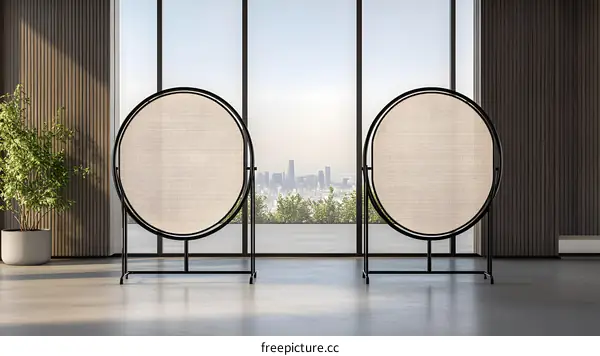 Modern Interior Design with Circular Room Dividers and City Skyline View