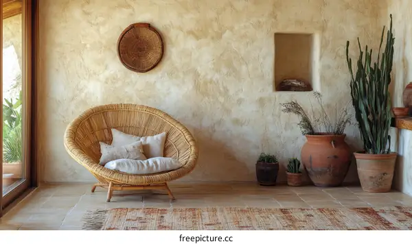 Bohemian Style Interior with Rattan Chair and Terracotta Pots