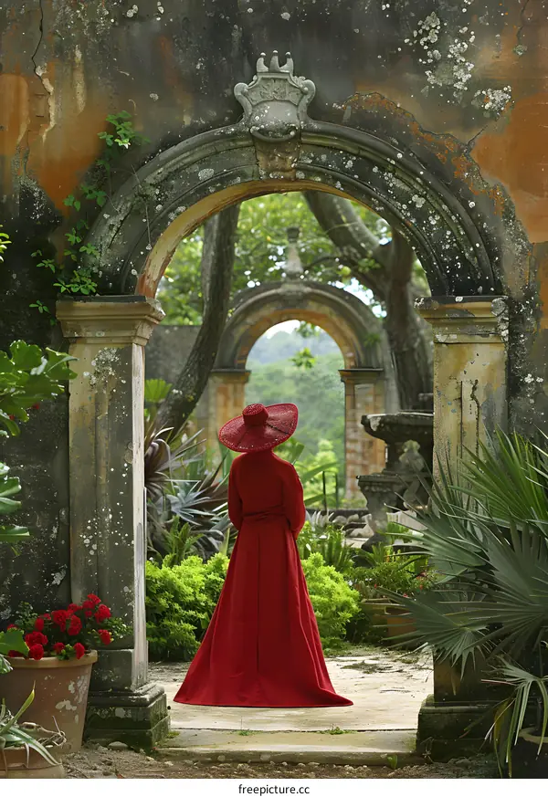 Woman in Red Dress Standing in an Archway
