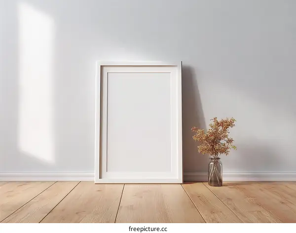 Empty White Picture Frame on Light Wood Floor