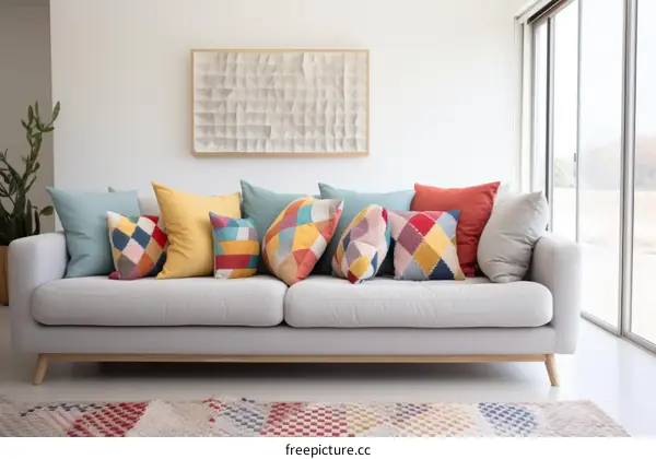 A sofa with a variety of colorful pillows on it