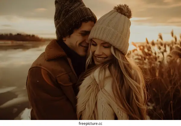 Couple Smiling Together in Winter Landscape