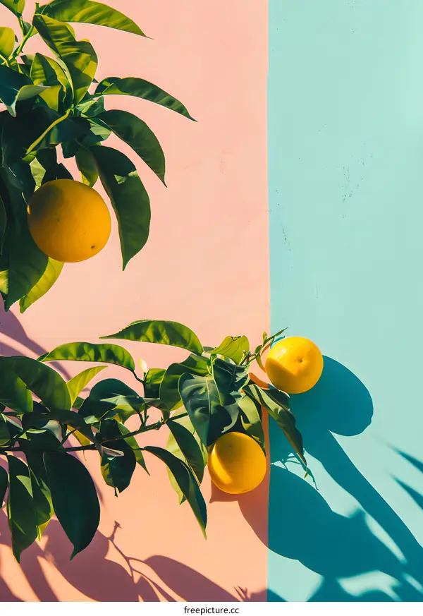 Lemons On A Branch Against Pink And Blue Wall