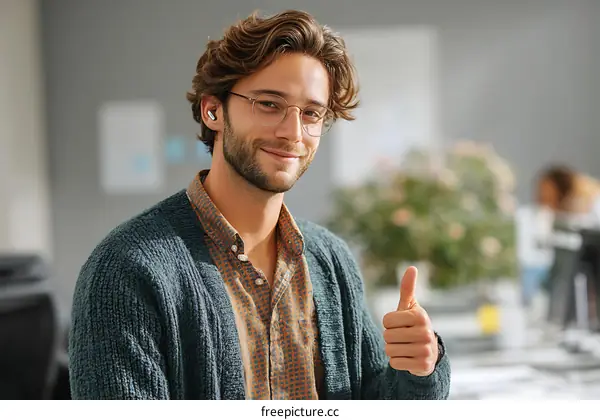 Smiling Man Giving Thumbs Up in Modern Office