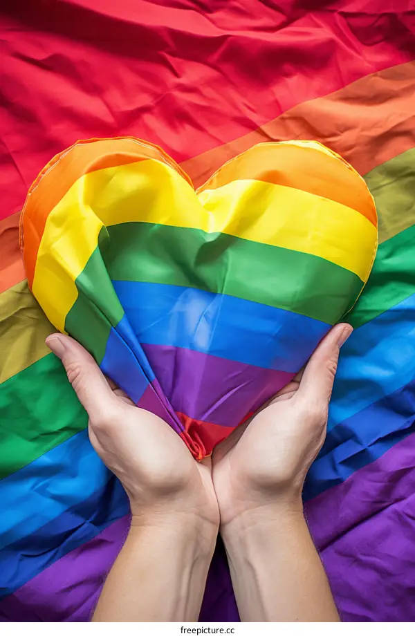 A heart-shaped balloon with the rainbow flag colors is held in a person's hands.