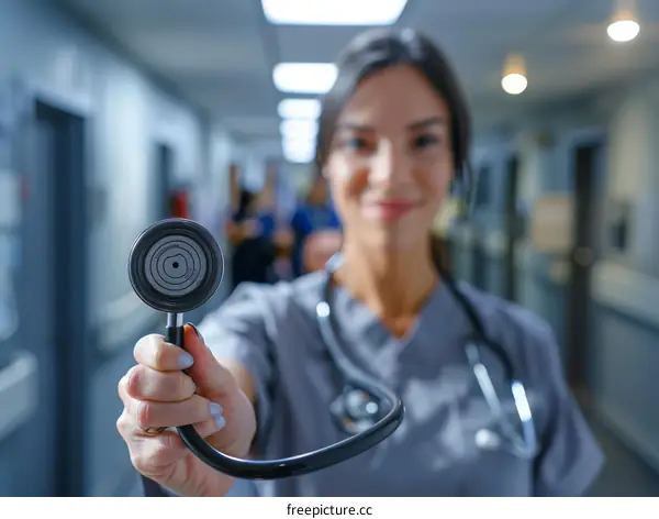 A Confident Female Doctor or Nurse Holding a Stethoscope in a Hospital