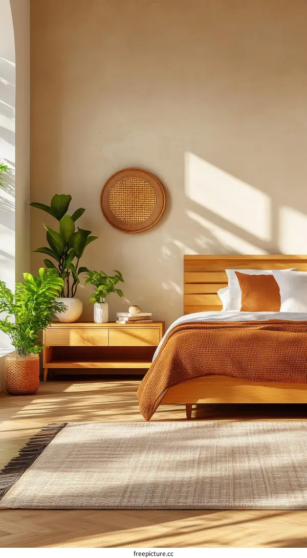 Modern Beige Bedroom with Wooden Furniture and Warm Colors
