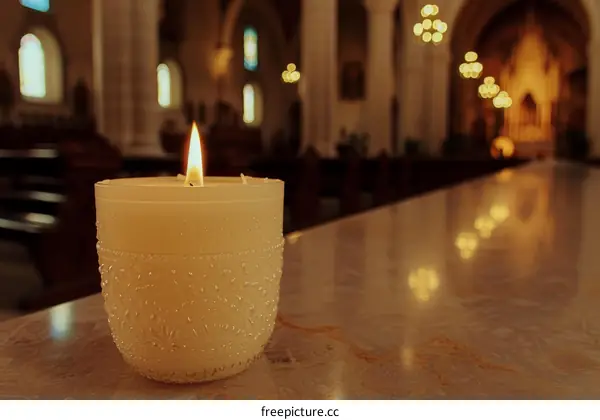 A lone candle burns in a church