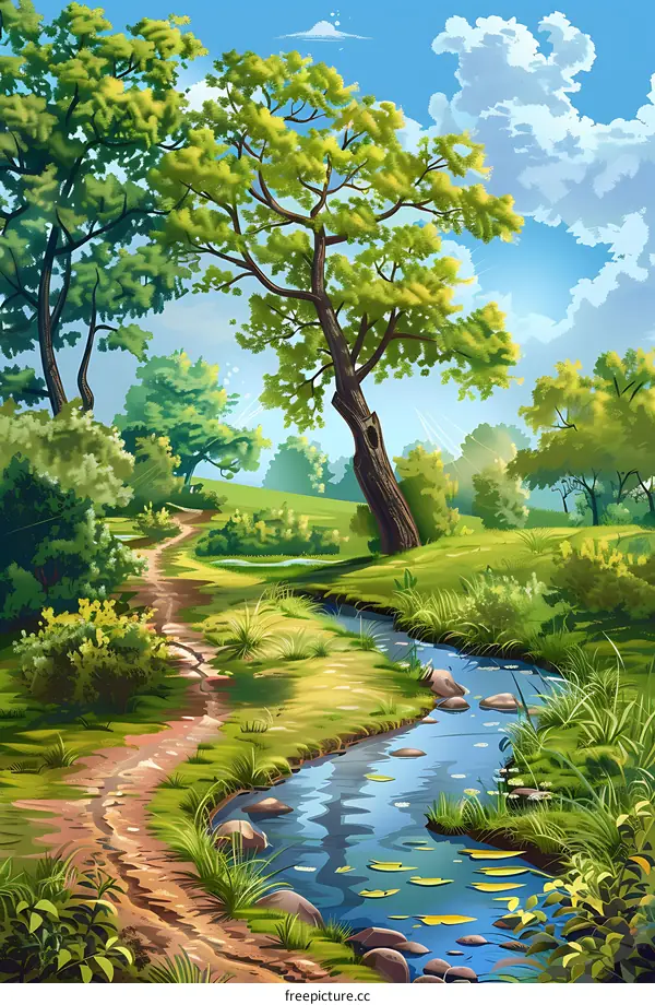 Summer Nature Landscape with Path and Stream