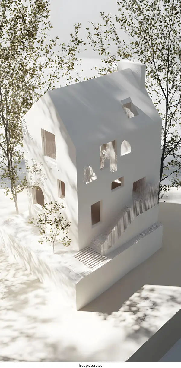 Minimalist White House Model with Trees and Shadows