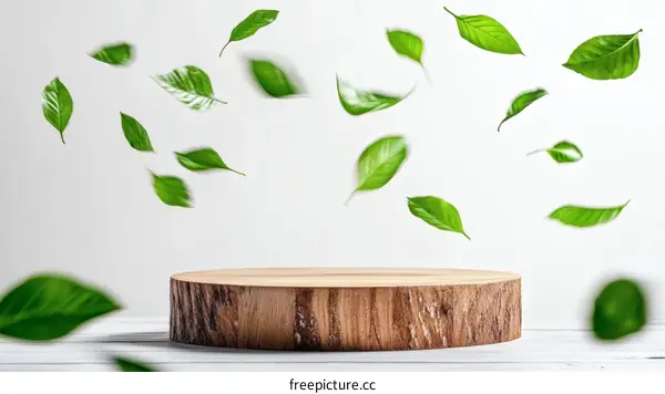 Wooden Stump Display with Falling Leaves