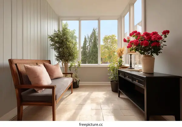 Cozy Sunroom with Wooden Furniture and Flowers