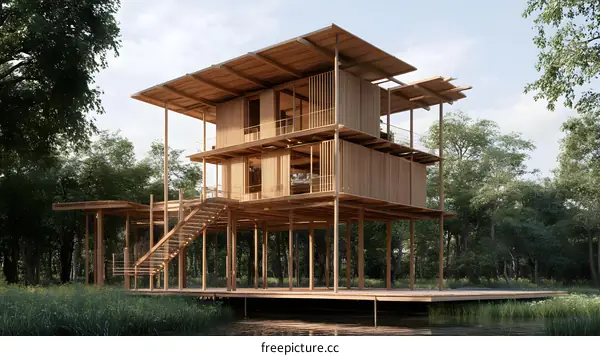 Modern Wooden House Design Concept Over Water