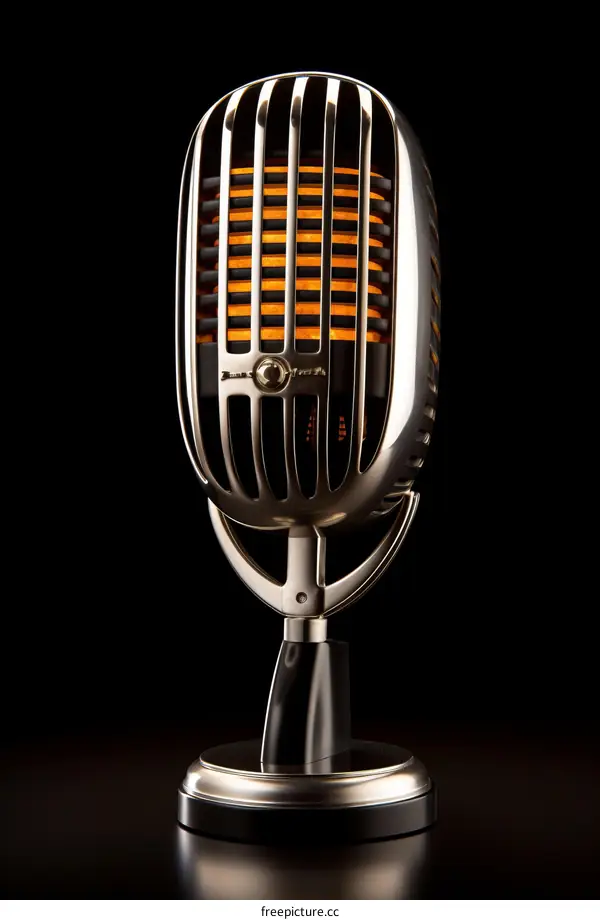 Retro silver microphone isolated on black background. 3D rendering illustration.