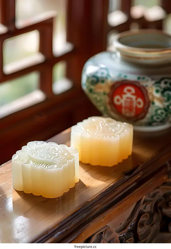 Traditional Chinese Moon Cakes with Intricate Designs