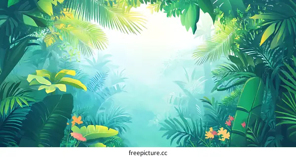 Tropical Rainforest Background with Lush Greenery and Bright Sunlight
