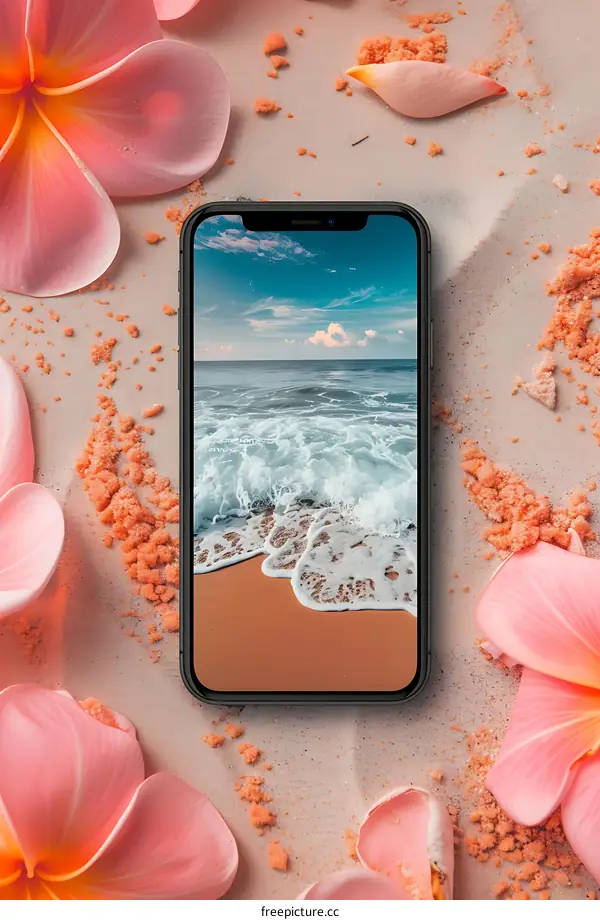 Beach Scene on a Smartphone with Pink Flowers on Sand