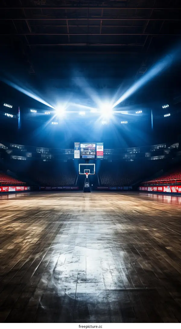 Basketball court with bright lights shining down