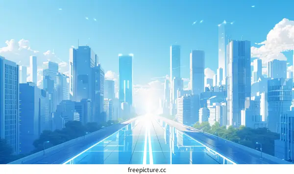 futuristic city with blue sky and white buildings