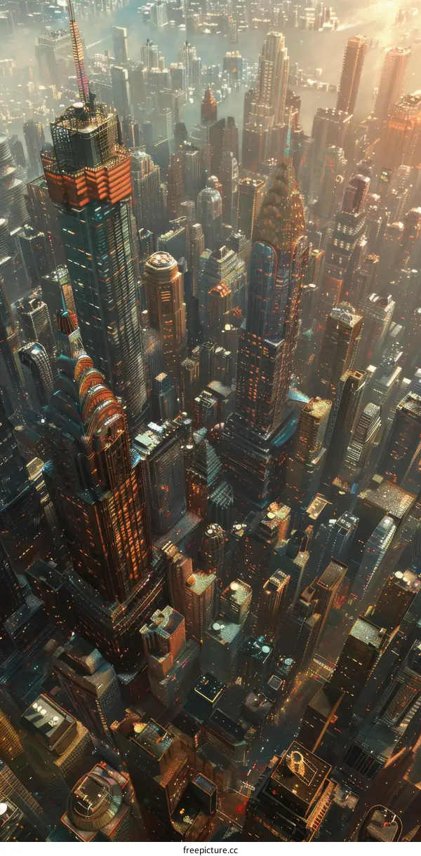 Metropolis with Towering Structures and Glimmering Lights