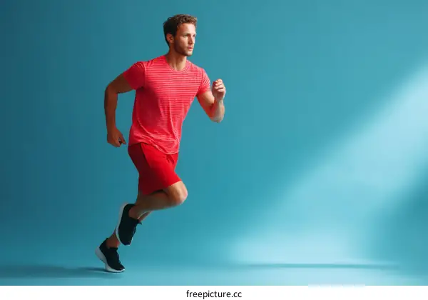 Man Running in Red Athletic Outfit Against Teal Background