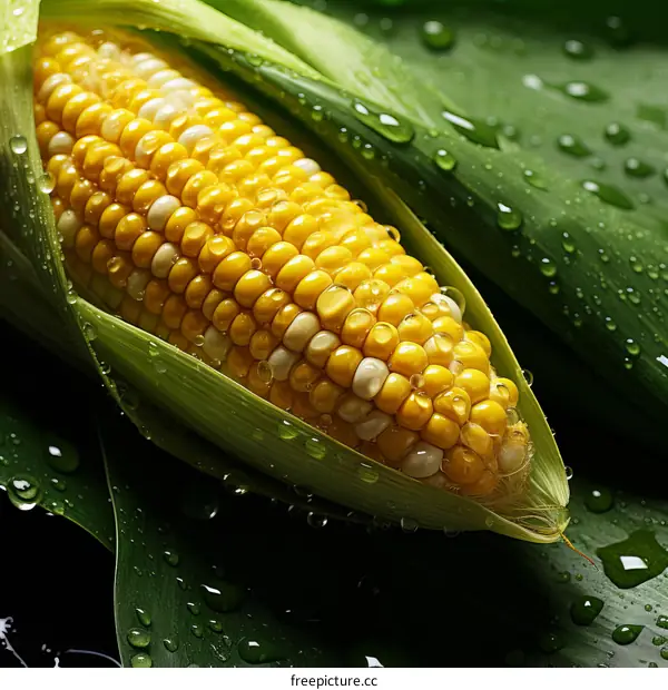 Close-up of corn on the cob with water drops