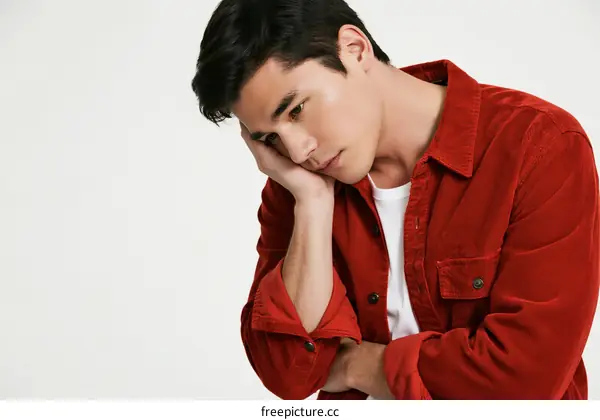 A man in a red shirt with a thoughtful expression
