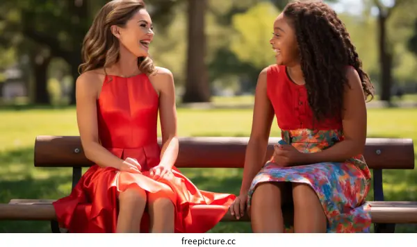 Two young women sitting on a bench and laughing