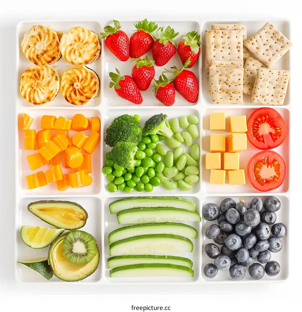 Healthy Snack Plate with Fruits, Vegetables, and Cheese
