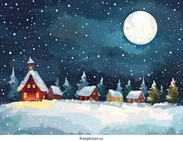 Snowy village in the moonlight