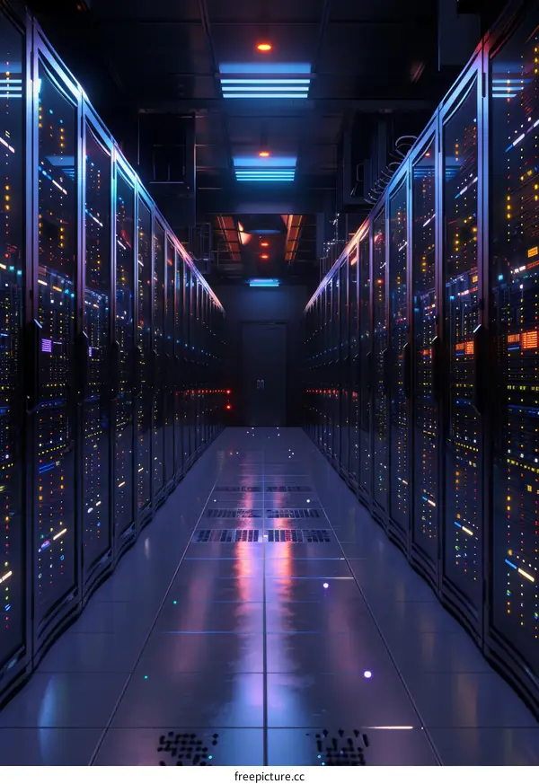 Server room with rows of server racks containing multiple server blades and hard drives