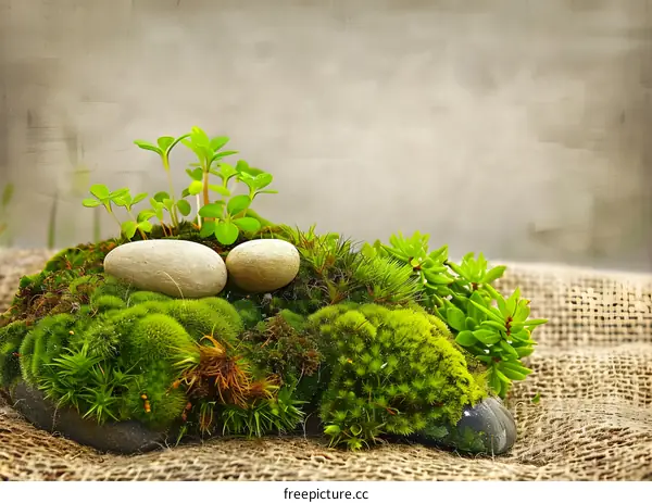 Green Moss and Stones on a Burlap Background