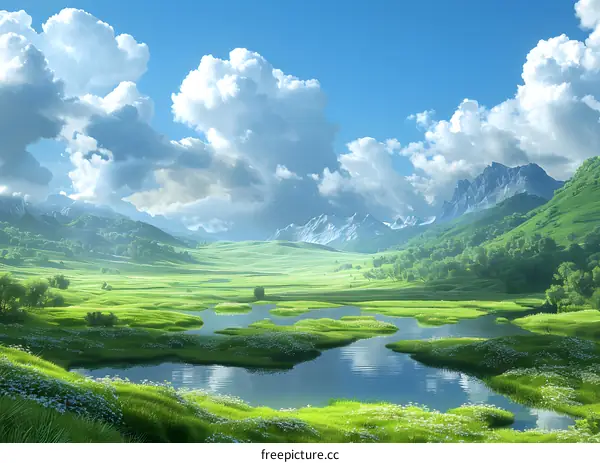 Green rolling hills and mountains in the distance