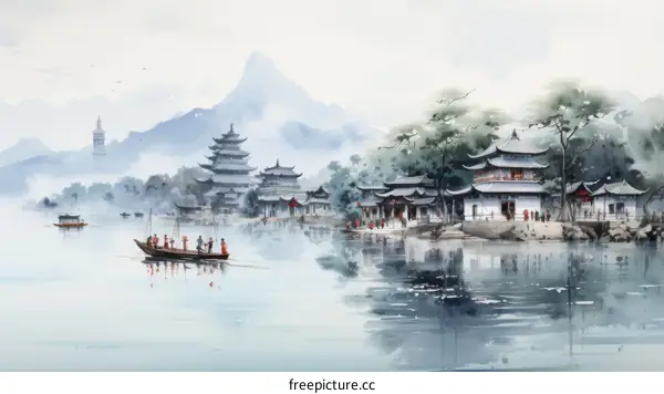 An illustration of a Chinese village on a lake with a mountain in the background