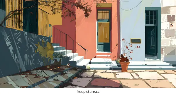 Illustration of a European style house with an open door and a potted plant in front