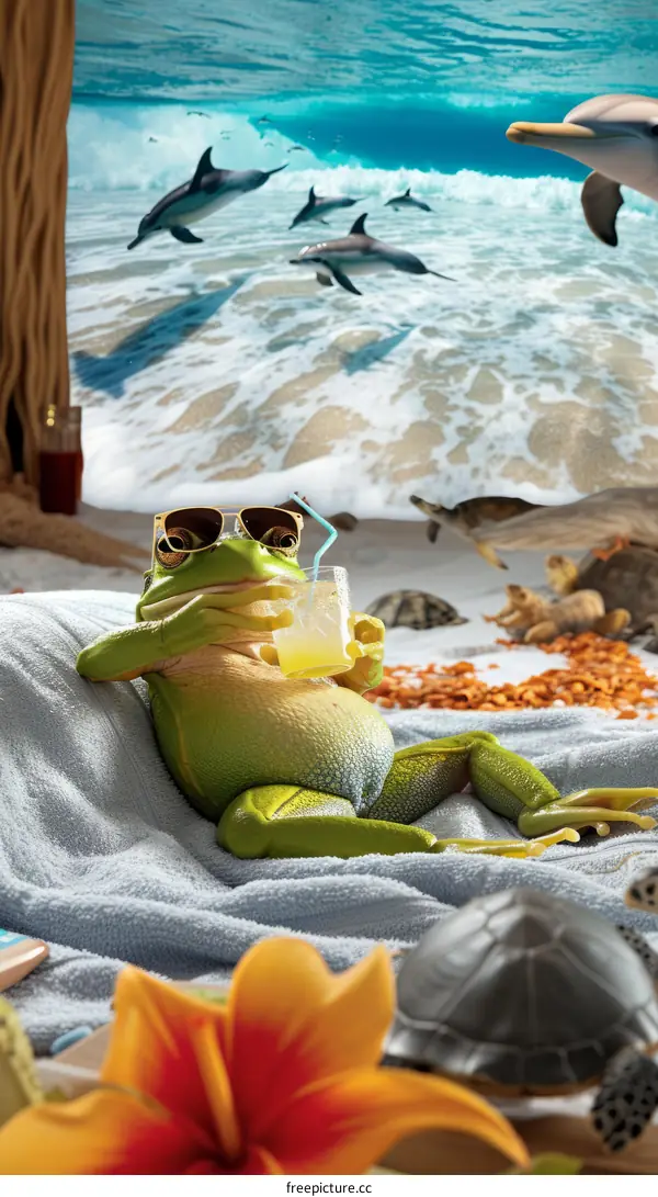 A frog wearing sunglasses is drinking a cocktail on a beach with dolphins and turtles in the background