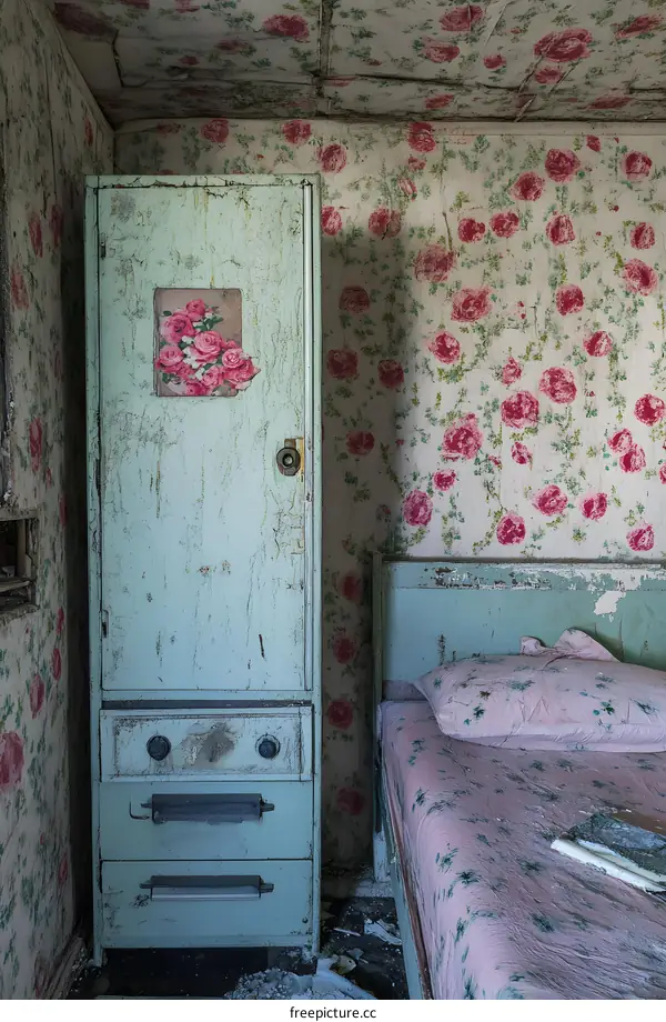 Vintage Green Dresser and Bed in an Abandoned Room with Floral Wallpaper