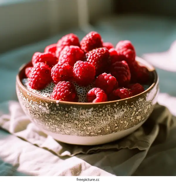 Chia seed pudding topped with fresh raspberries in a ceramic bowl