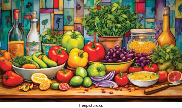 A colorful still life painting of a variety of fruits and vegetables