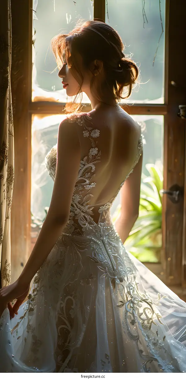 The bride is wearing a white wedding dress and standing in front of the window