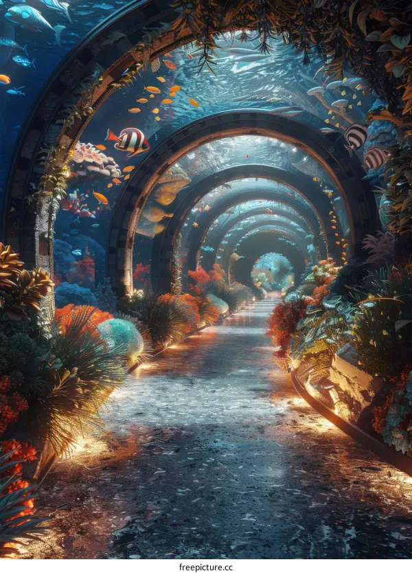 Underwater Tunnel with Vibrant Marine Life