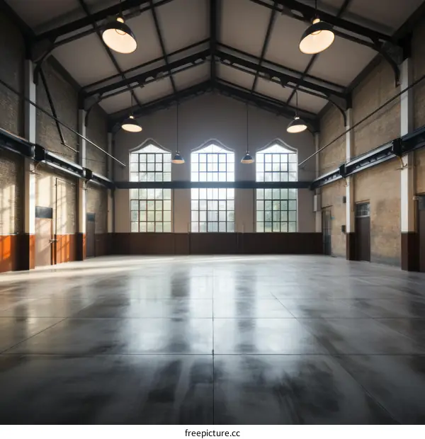 An empty room with brick walls and large windows