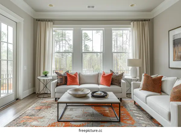 Bright living room with large windows and colorful rug