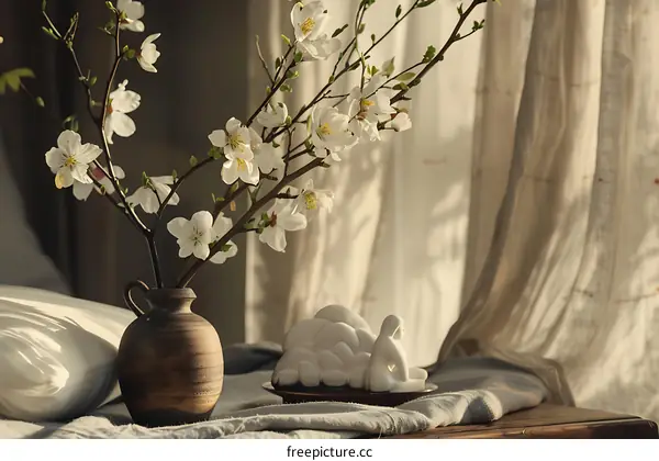 White Flower Branch in Brown Vase on Wooden Table with Linen Cloth