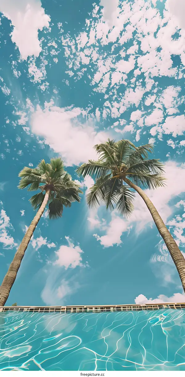 Palm Trees Overlooking Pool and Blue Sky