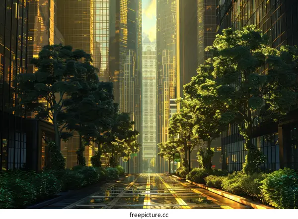 Futuristic City Street with Golden Sunlight
