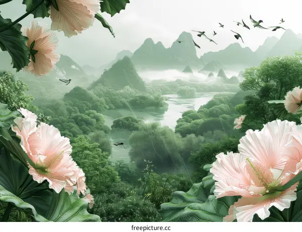 Pink Flowers and Green Leaves with Mountain Landscape