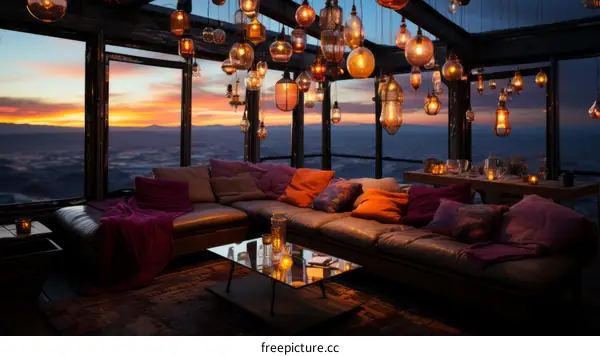 A cozy living room with a beautiful sunset view