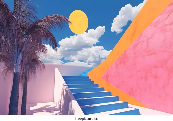 Colorful Geometric Staircase with Palm Trees and Sun